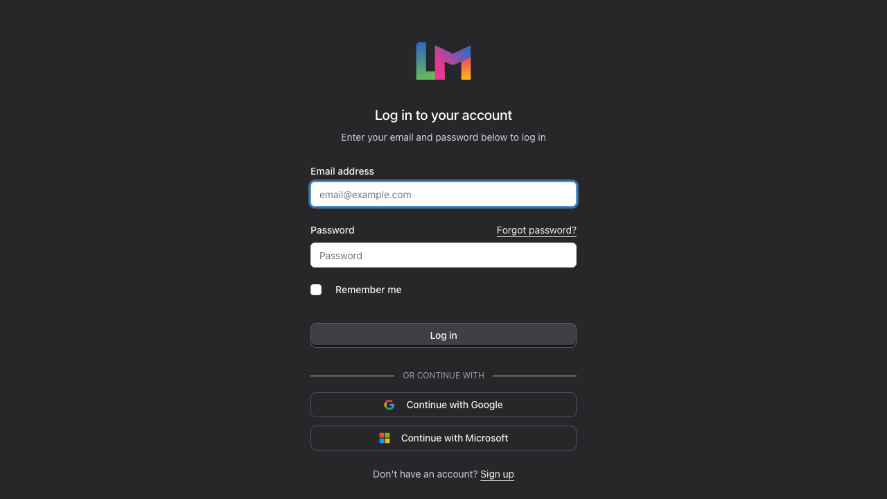 The Luminate login page with email and password fields, a Remember me option, and a Continue with Google button