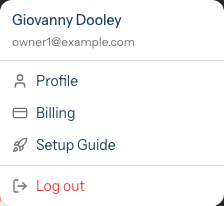 The user profile menu showing Profile, Billing, Setup Guide, and Log out options