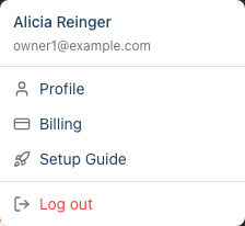 The user profile menu showing Profile, Billing, Setup Guide, and Log out options