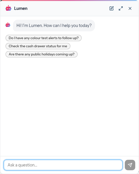 The Lumen support chat panel open in the corner, showing the greeting, suggested questions, and the Ask a question input