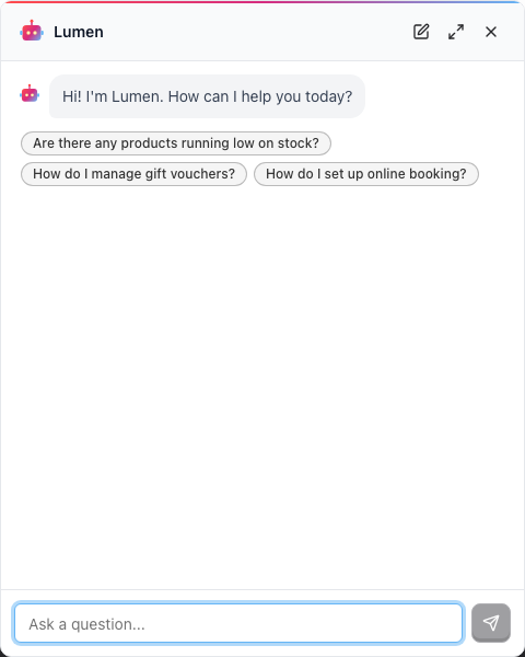 The Lumen support chat panel open in the corner, showing the greeting, suggested questions, and the Ask a question input