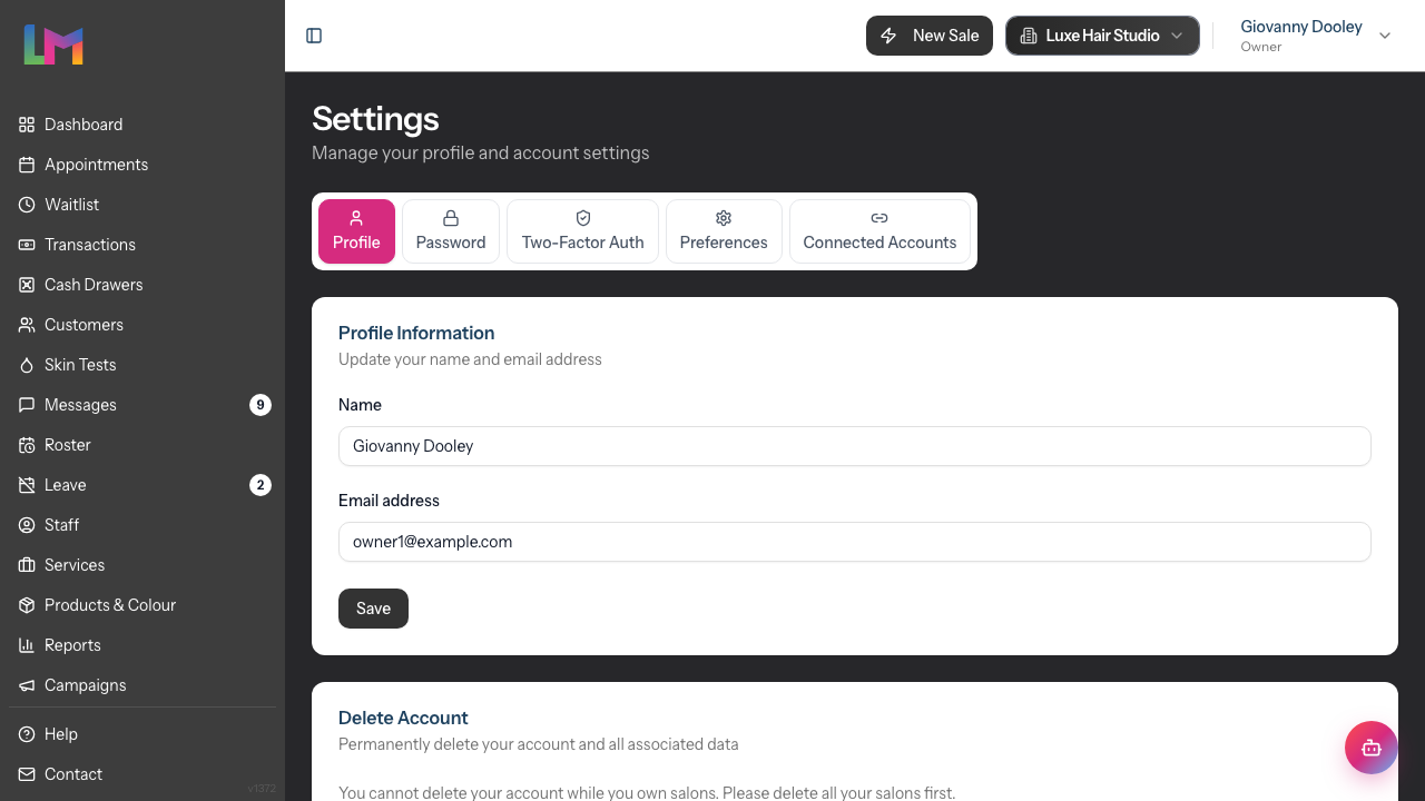 The user settings Profile tab with Name and Email address fields and the tab navigation