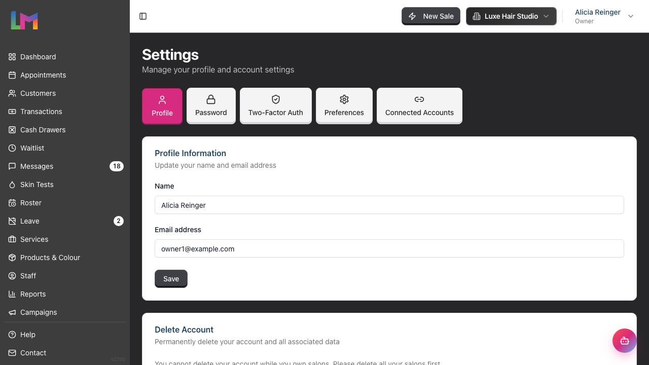 The user settings Profile tab with Name and Email address fields and the tab navigation
