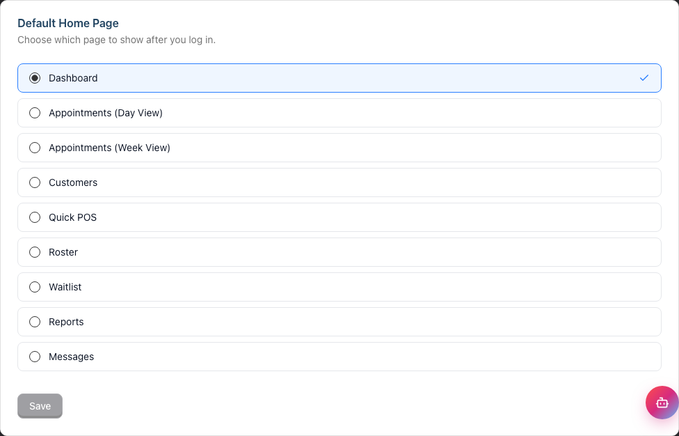 The user settings Preferences tab showing the Default Home Page options