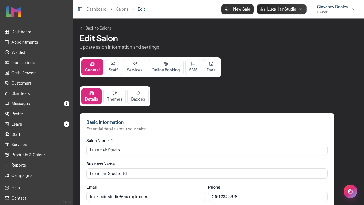 The Edit Salon page open on the General tab and Details sub-tab, showing the salon's profile settings.