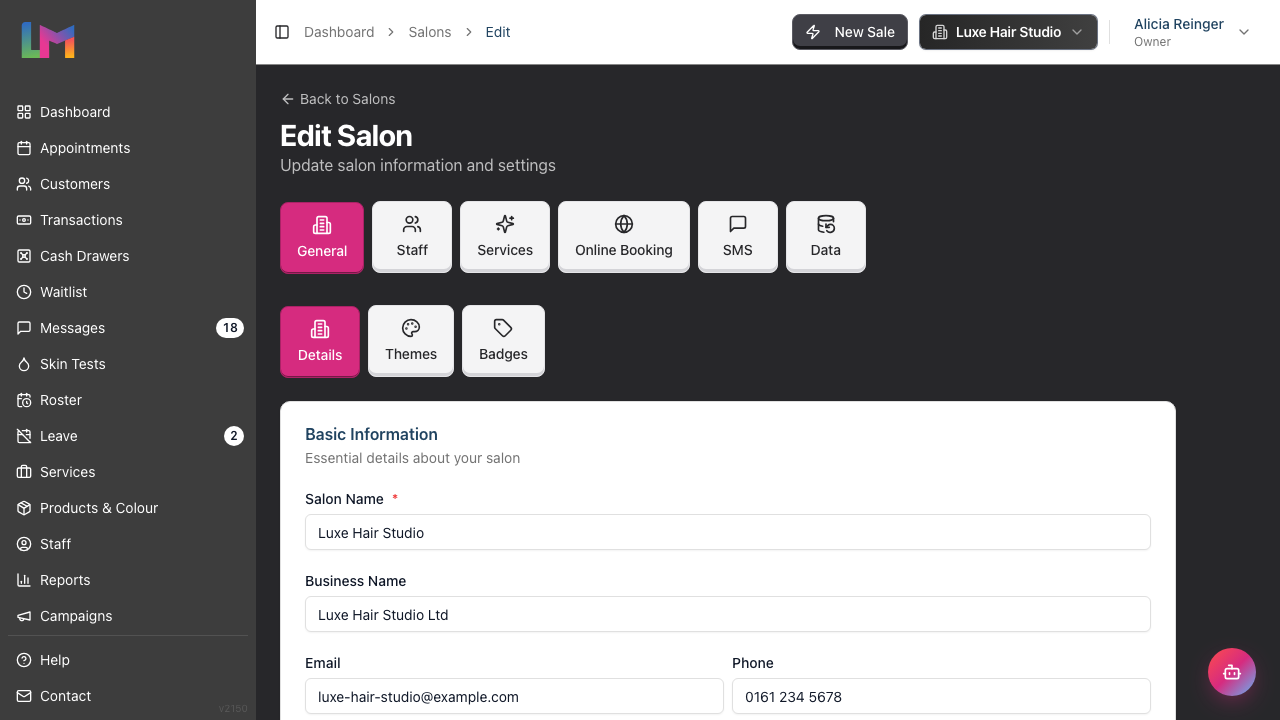 The Edit Salon page open on the General tab and Details sub-tab, showing the salon's profile settings.