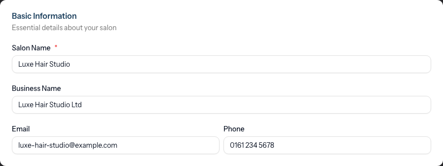 The Basic Information card with the Salon Name, Business Name, Email, and Phone fields.