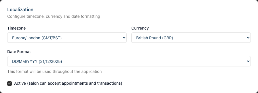 The Localization card with the Timezone, Currency, and Date Format dropdowns and the Active checkbox.