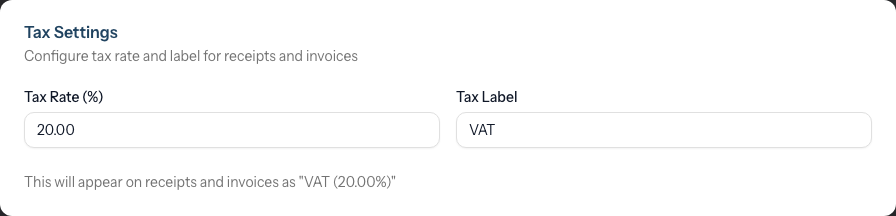The Tax Settings card with the Tax Rate and Tax Label fields and the preview line.
