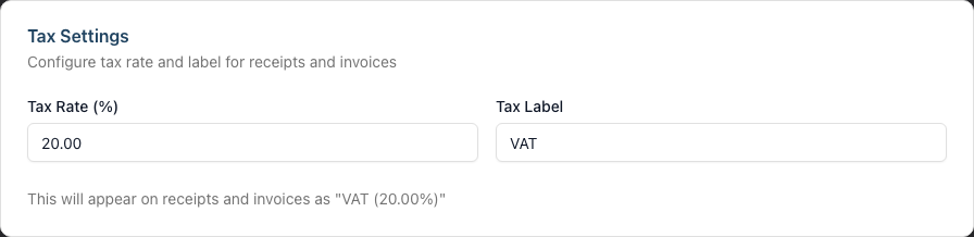 The Tax Settings card with the Tax Rate and Tax Label fields and the preview line.