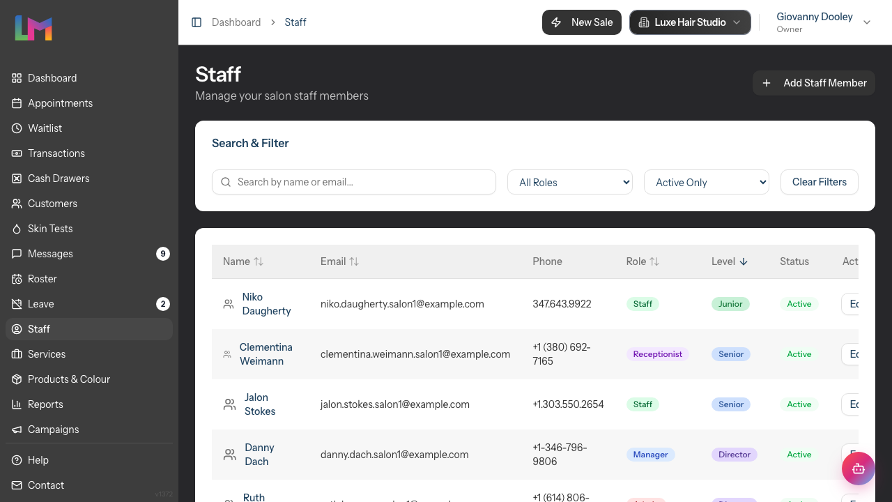The staff list, showing the Role column alongside each team member