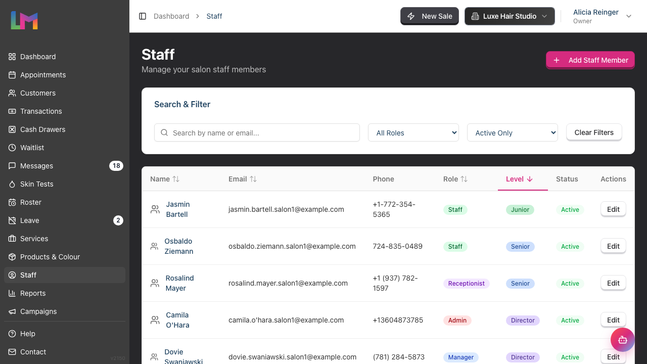 The staff list, showing the Role column alongside each team member