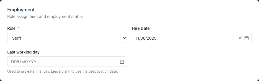 The Employment card on a staff member's edit form, with the Role dropdown alongside the employment fields