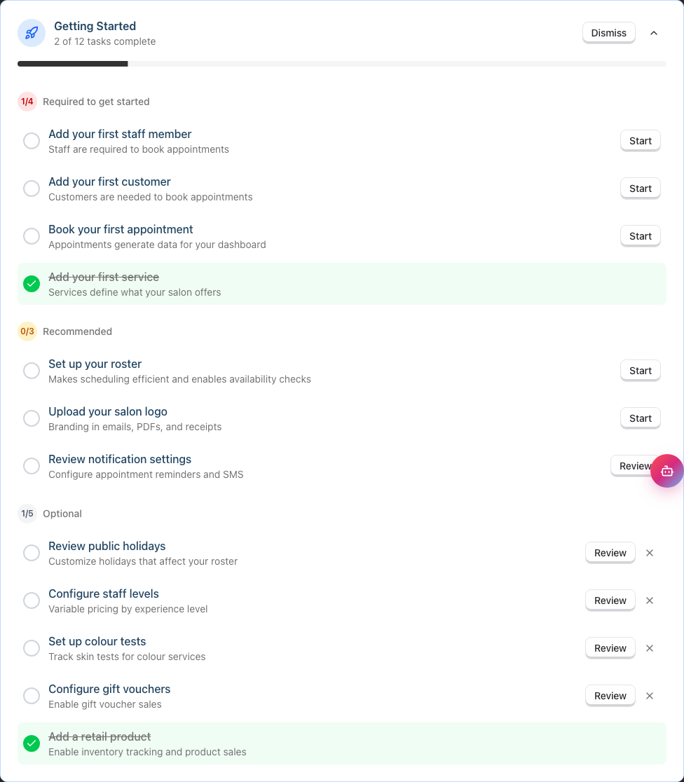 The Getting Started panel on the Dashboard, showing the Required, Recommended and Optional task groups with their progress counts.