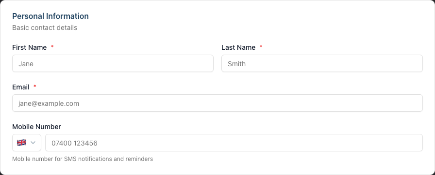 The Personal Information card on the Add Staff Member form, with First Name, Last Name, Email and Mobile Number fields.