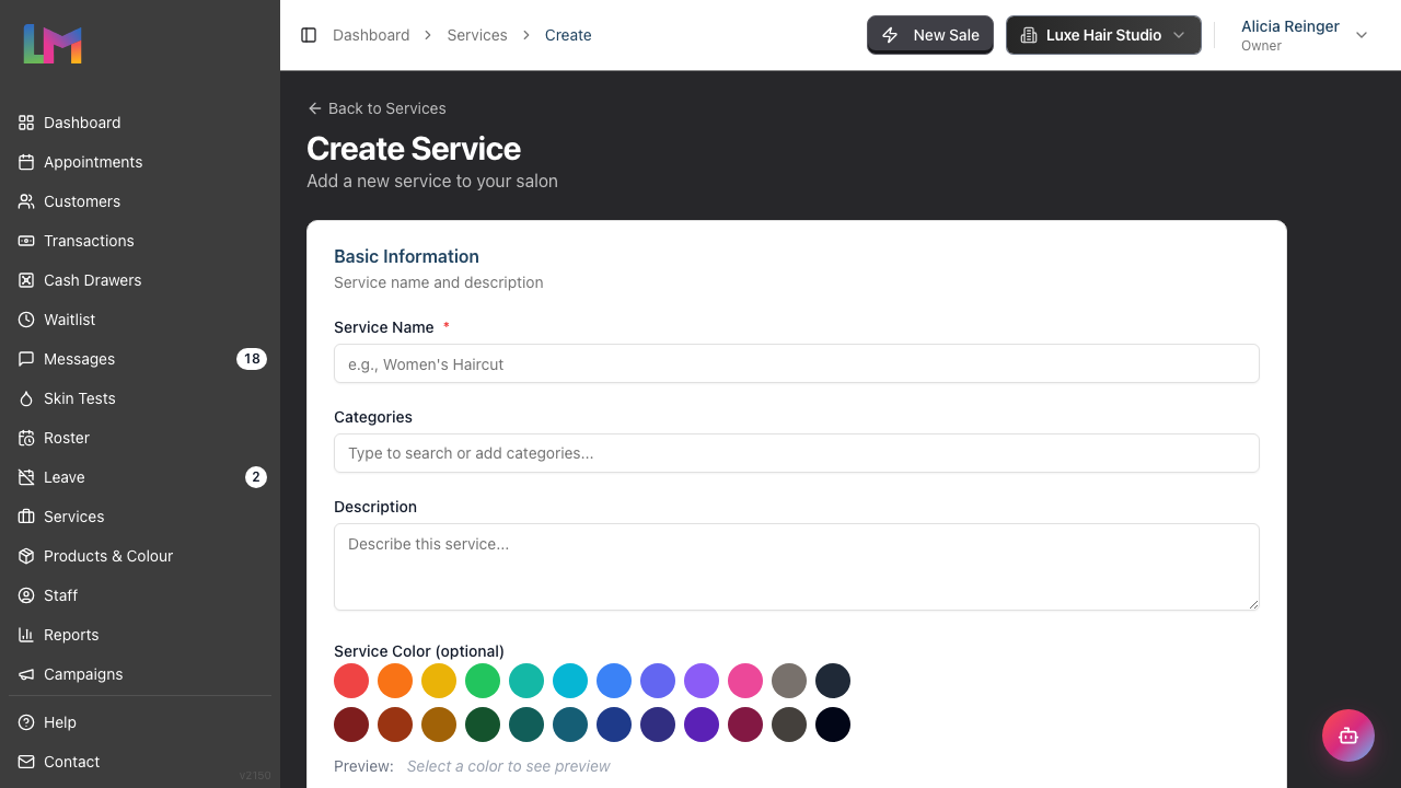 The Create Service form showing the Basic Information card with Service Name, Categories, Description and Service Color.