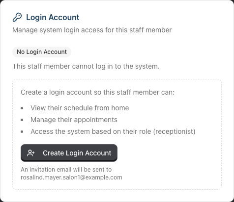 The Login Account card on a staff member's page, showing the No Login Account state and the Create Login Account button.