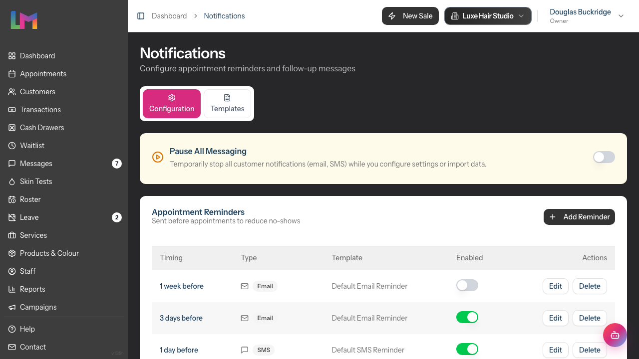 The Notifications Configuration tab showing the Configuration and Templates tabs and the Pause All Messaging card above the reminder sections