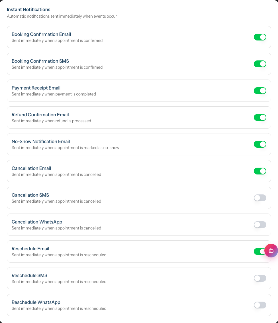 The Instant Notifications section showing per-channel rows, each with its own Enabled toggle