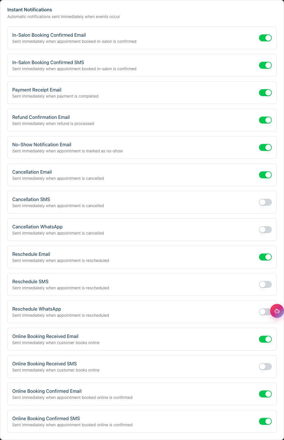 The Instant Notifications section showing per-channel rows, each with its own Enabled toggle