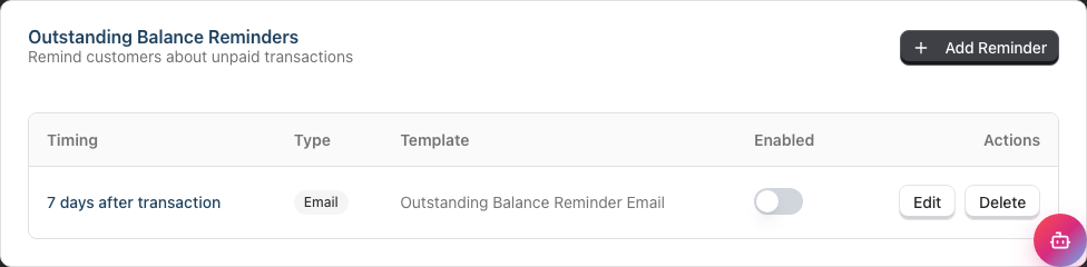 The Outstanding Balance Reminders section with its Add Reminder button and reminder table