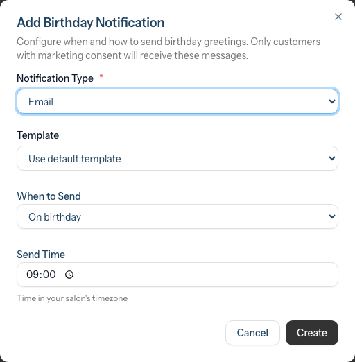 The Add Birthday Notification dialog showing the Notification Type, Template, When to Send and Send Time fields.