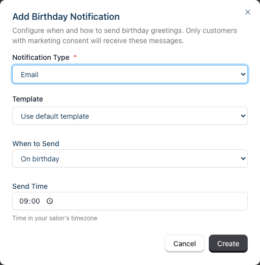 The Add Birthday Notification dialog showing the Notification Type, Template, When to Send and Send Time fields.