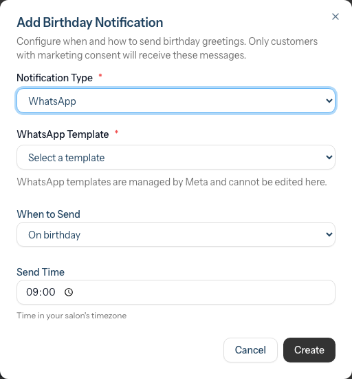 The Add Birthday Notification dialog with WhatsApp selected, showing the WhatsApp Template picker and a read-only template preview.