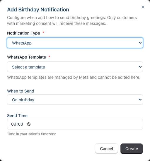 The Add Birthday Notification dialog with WhatsApp selected, showing the WhatsApp Template picker and a read-only template preview.