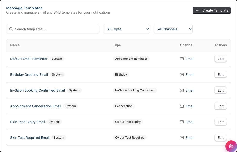 The Templates tab showing the Message Templates library with search, type and channel filters and a table of templates