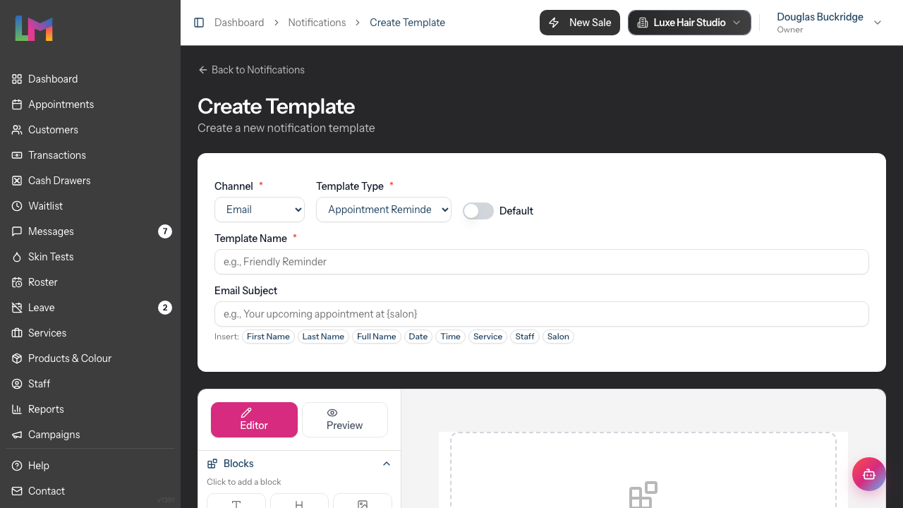 The Create Template page for an email template, showing the Channel, Template Type and Default controls, the Template Name field and the Email Subject field with token insert buttons