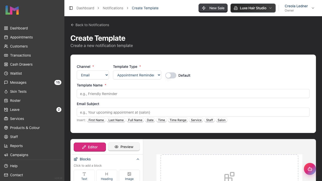 The Create Template page for an email template, showing the Channel, Template Type and Default controls, the Template Name field and the Email Subject field with token insert buttons