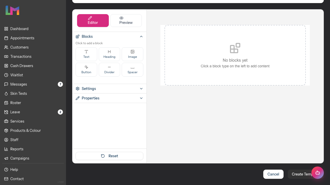 The visual email builder showing the Editor and Preview tabs, the Blocks, Settings and Properties accordion sidebar and the email canvas