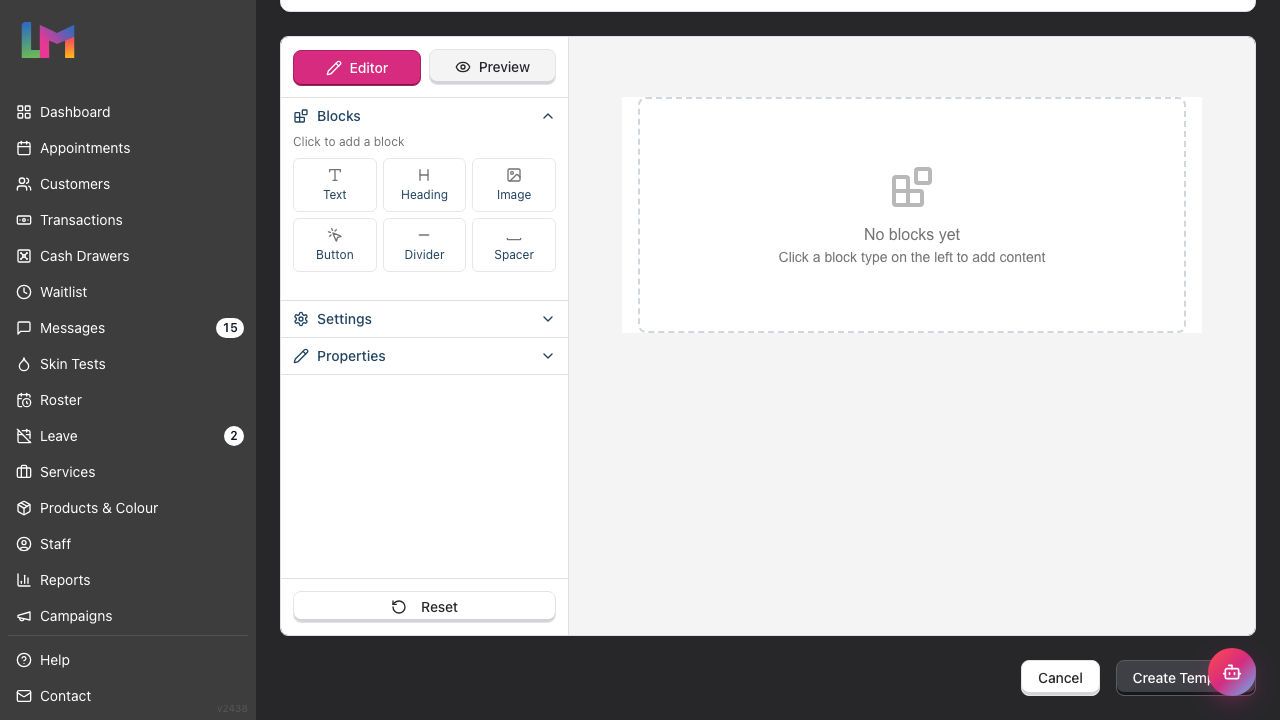 The visual email builder showing the Editor and Preview tabs, the Blocks, Settings and Properties accordion sidebar and the email canvas