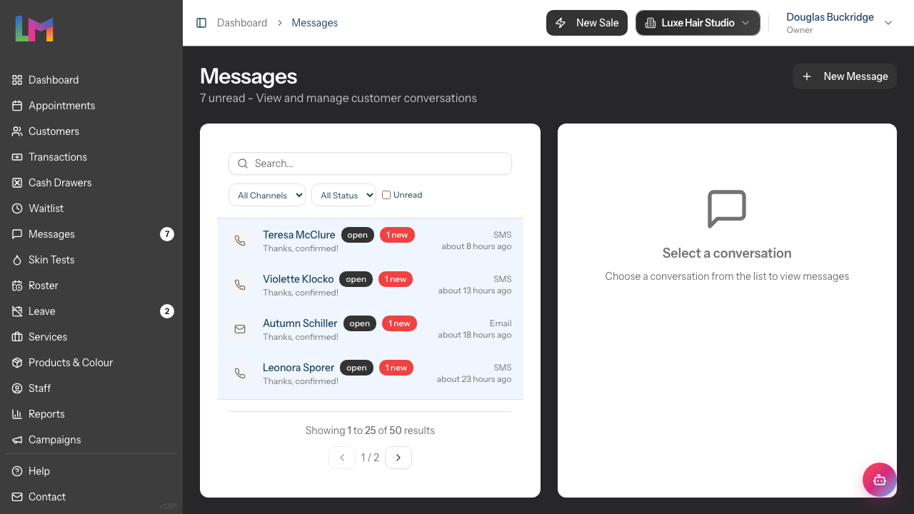 The messaging inbox split-pane layout, with the conversation list on the left showing unread badges and channel icons, and the
