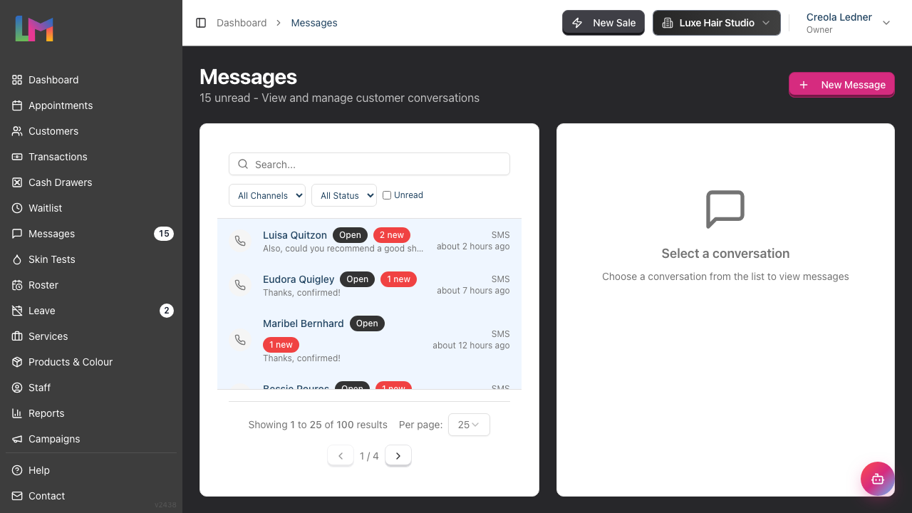 The messaging inbox split-pane layout, with the conversation list on the left showing unread badges and channel icons, and the