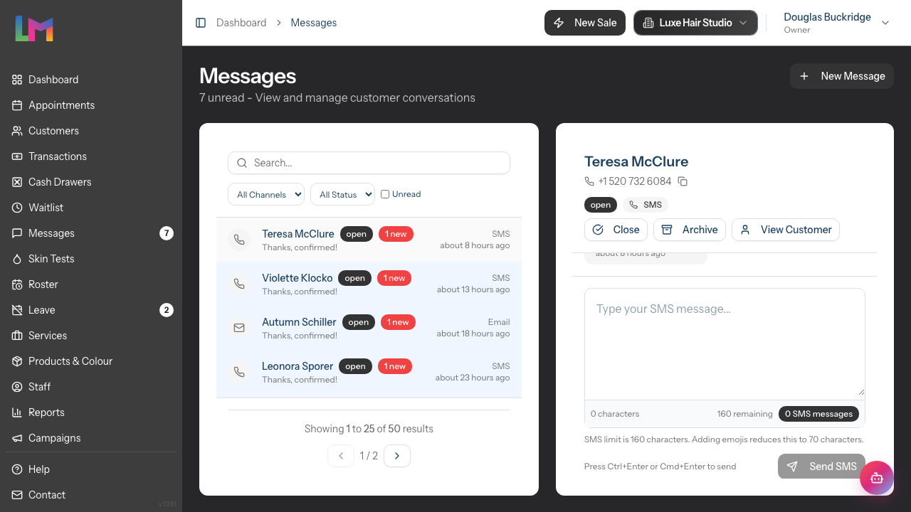 A selected SMS conversation, showing the conversation header with the customer's name and contact details, the Close, Archive and View Customer buttons, and the reply composer with its SMS character counter