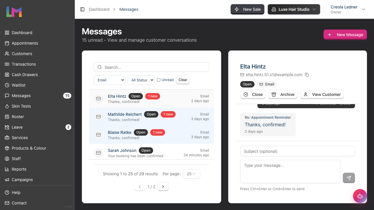 A selected email conversation, showing the conversation header with the customer's name, contact details, status and channel badges, the Close, Archive and View Customer buttons, an inbound message bubble and the reply composer beneath