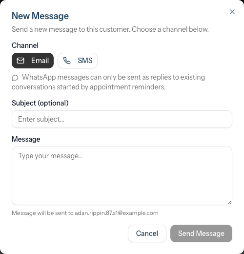 The New Message compose dialog, showing the Email and SMS channel buttons, the notice explaining WhatsApp can only be used as a reply, and the optional Subject and Message fields