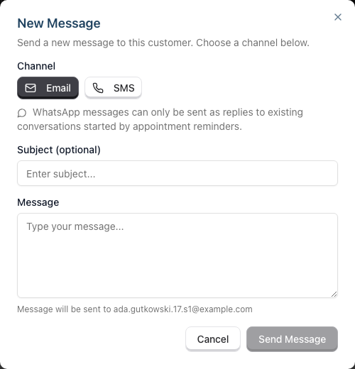 The New Message compose dialog, showing the Email and SMS channel buttons, the notice explaining WhatsApp can only be used as a reply, and the optional Subject and Message fields