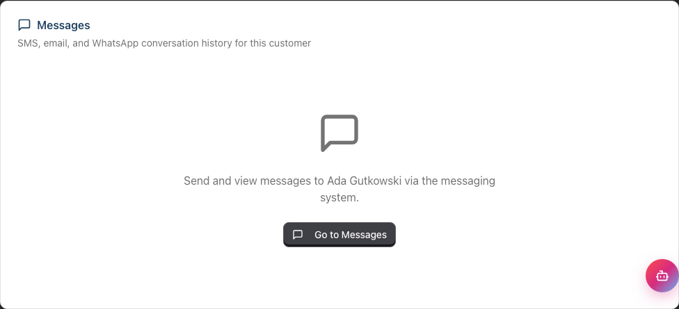 The Messages tab on a customer profile, showing the Messages card with its description and a Go to Messages button