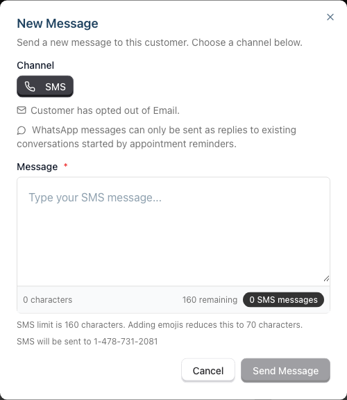 The New Message dialog for a customer who has opted out of email, showing only the SMS channel button and the notice