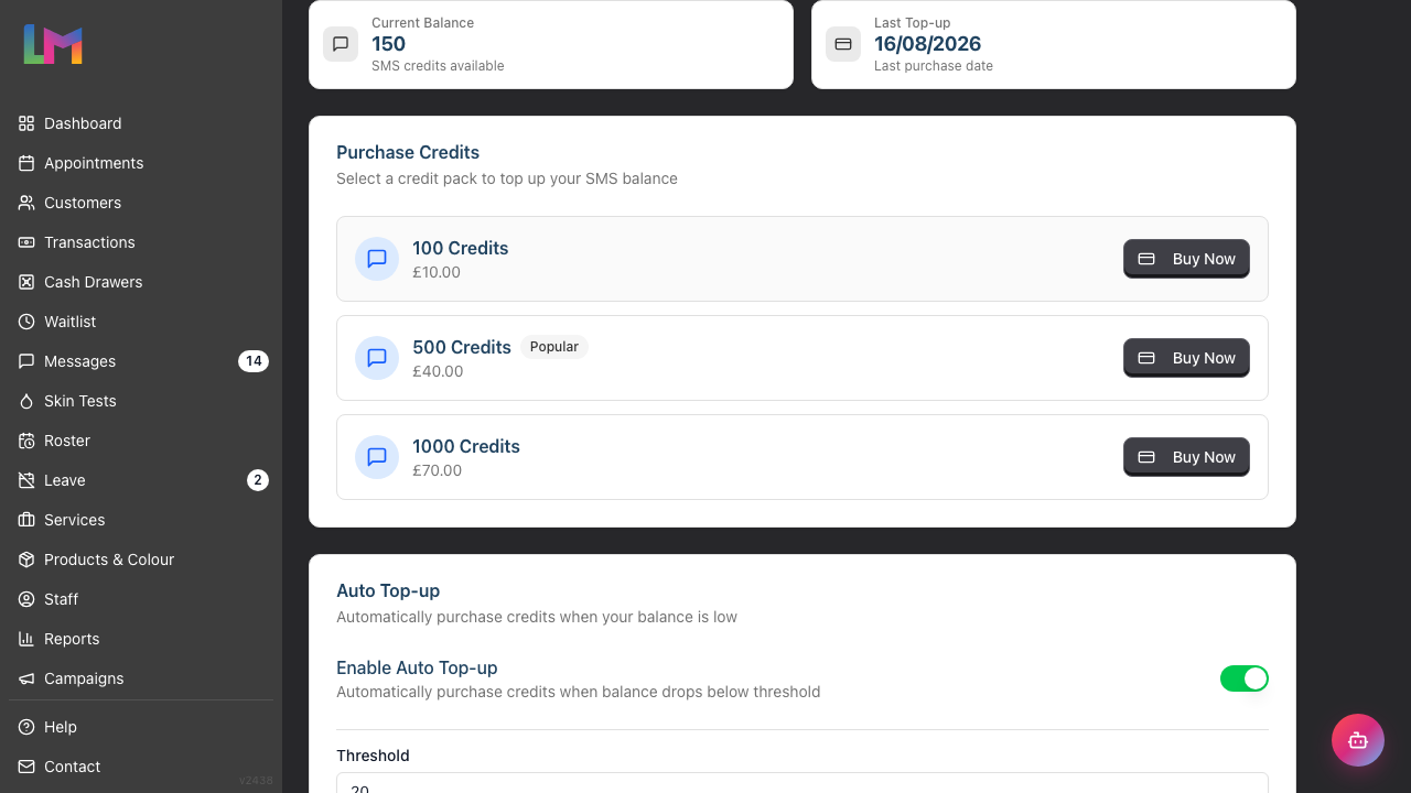 The SMS tab in Salon Settings showing the Current Balance and Last Top-up cards above the Purchase Credits packs