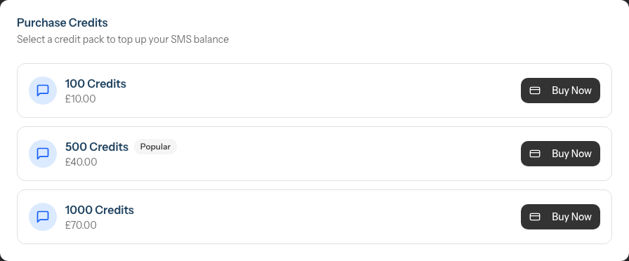 The Purchase Credits card listing the 100, 500 and 1,000 credit packs with prices and a Buy Now button on each