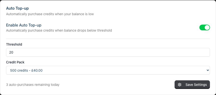 The Auto Top-up card with the Enable Auto Top-up toggle, a Threshold field and a Credit Pack selector