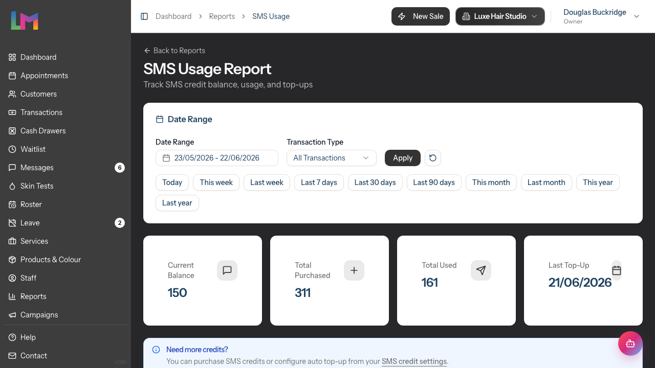 The SMS Usage Report showing the date range and transaction type filters above the Current Balance, Total Purchased, Total Used and Last Top-Up summary cards