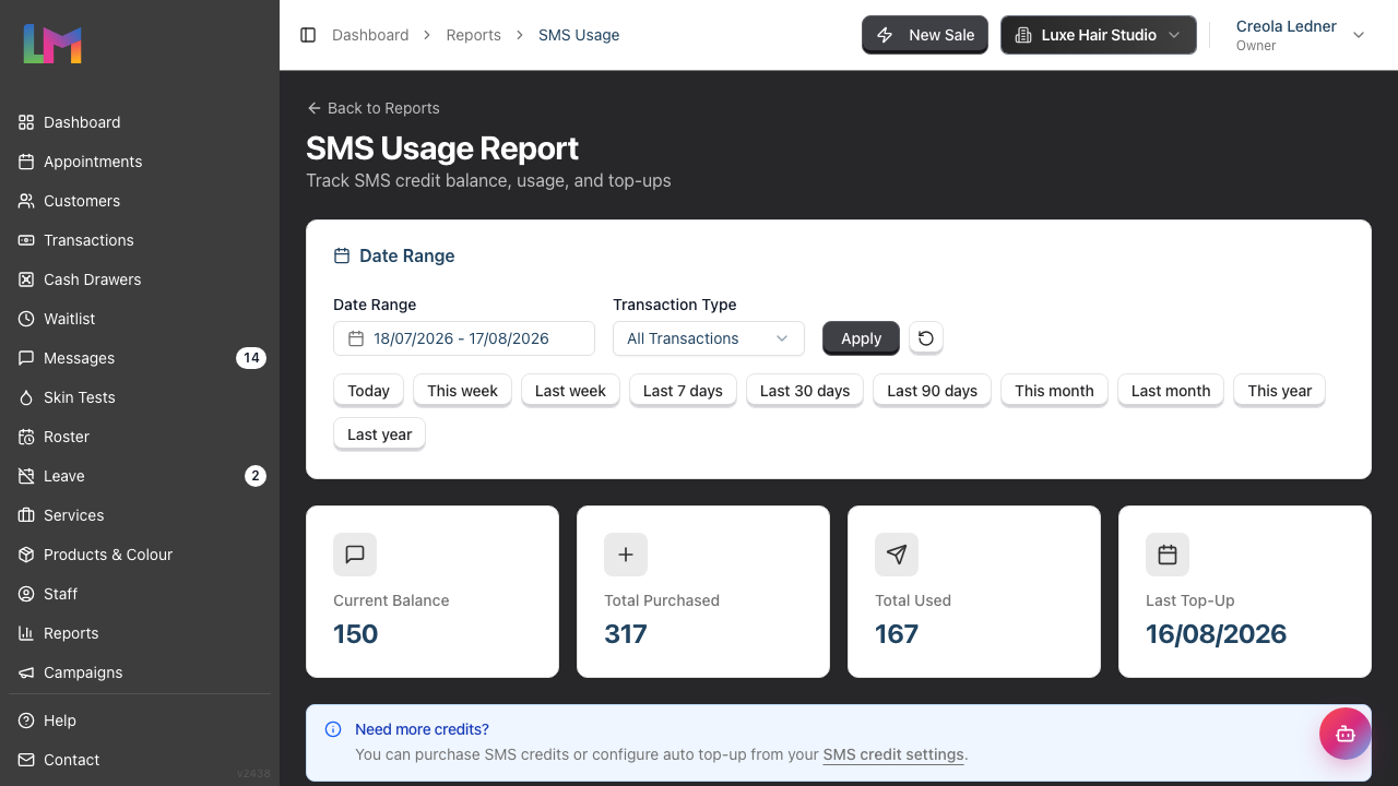 The SMS Usage Report showing the date range and transaction type filters above the Current Balance, Total Purchased, Total Used and Last Top-Up summary cards