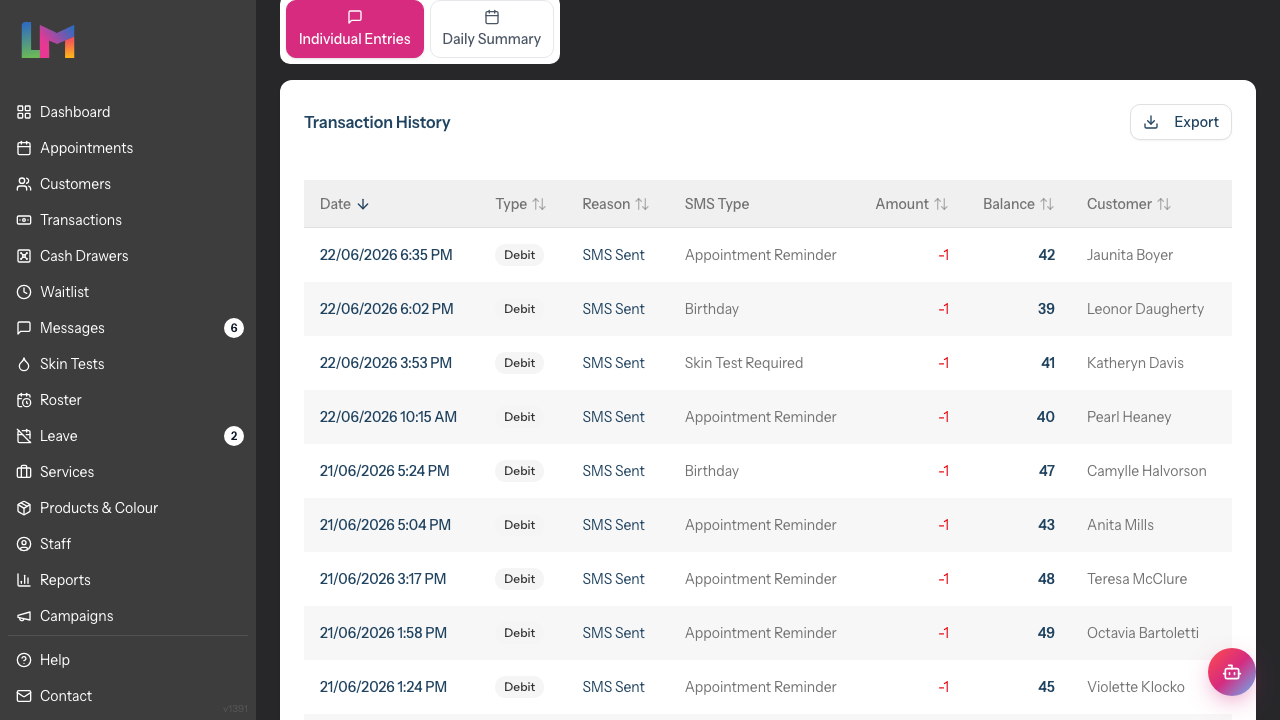 The Individual Entries tab of the SMS Usage Report showing the transaction history table with Date, Type, Reason, SMS Type, Amount, Balance and Customer columns