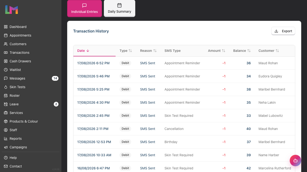 The Individual Entries tab of the SMS Usage Report showing the transaction history table with Date, Type, Reason, SMS Type, Amount, Balance and Customer columns