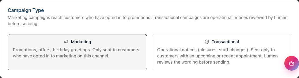 The Campaign Type card in Step 1, with Marketing and Transactional options side by side